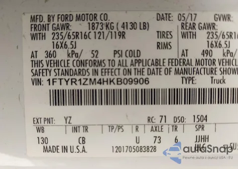 2017 Ford Transit T-250 z USA, uszkodzony, nr VIN 1FTYR1ZM4HKB09906